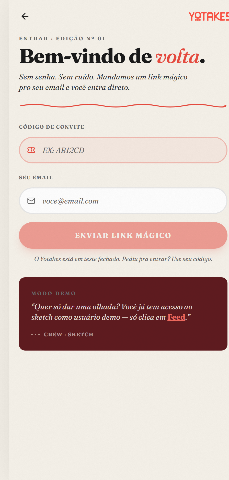 Tela de login do Yotakes